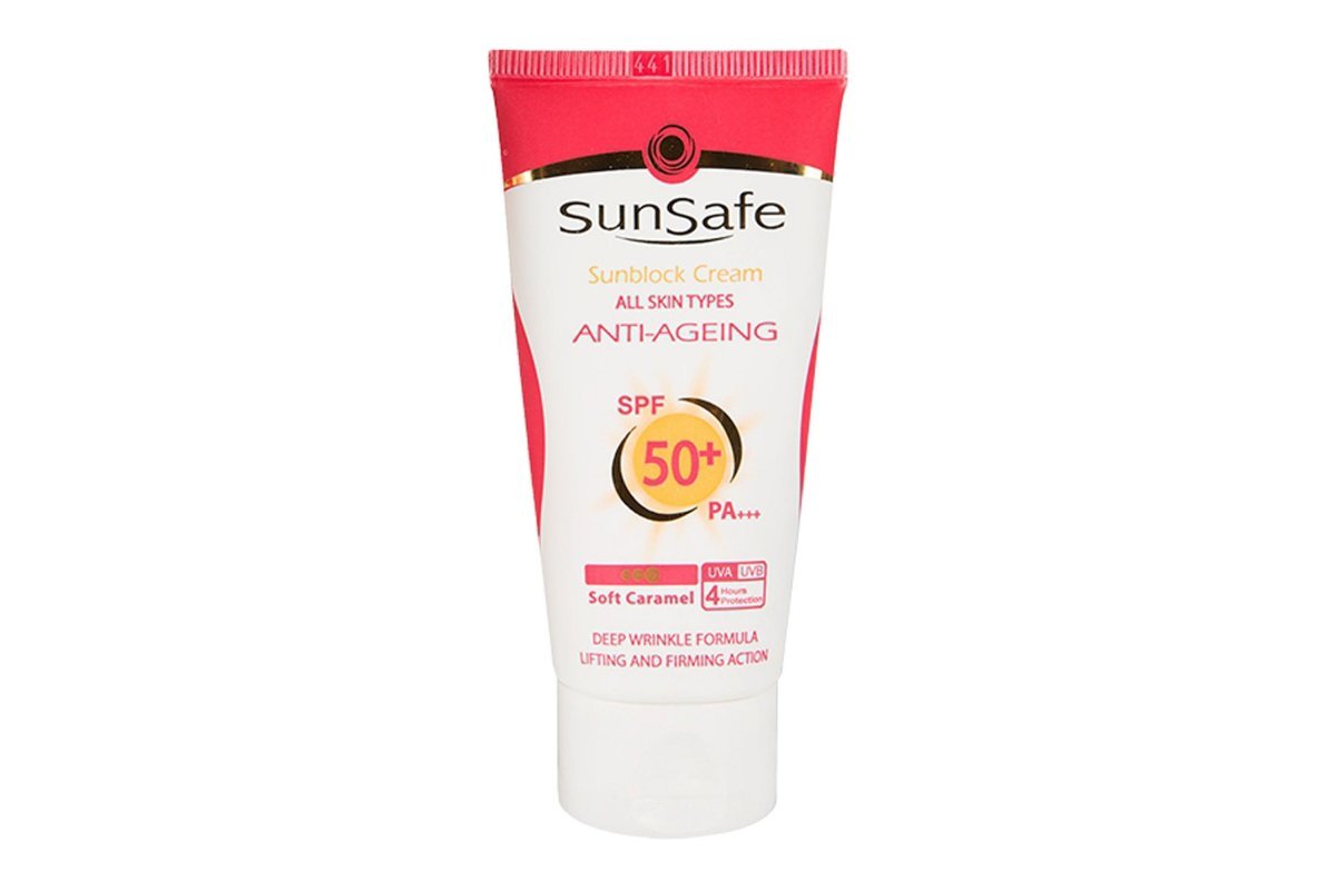 مشخصات، قیمت و خرید کرم ضد آفتاب و ضد چروک رنگی مناسب برای انواع پوست SPF50 سان سیف 50 گرم | ۱۹کالا