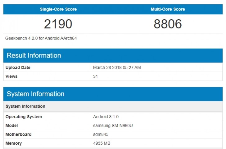 امتیاز سامسونگ گلکسی نوت ۹ در سایت Geekbench