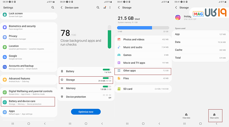پاک کردن کش اینستاگرام در سامسونگ
