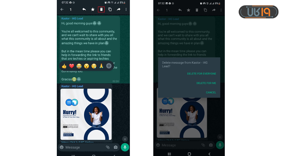 حذف پیام در واتساپ 