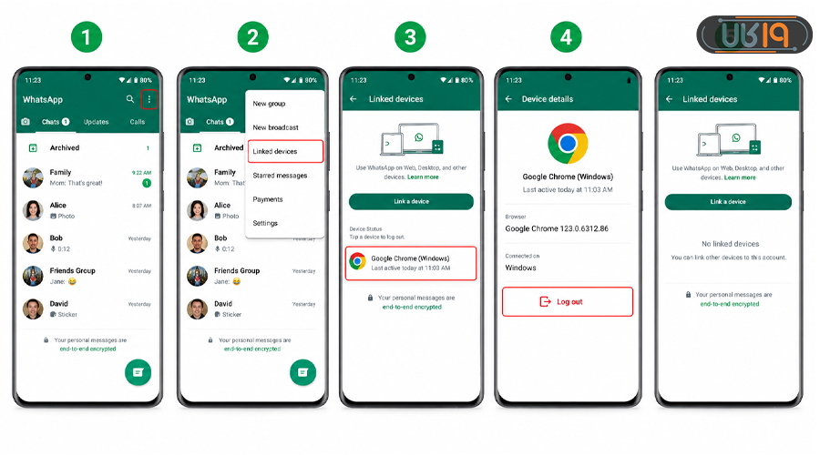 مراحل خروج دستگاه ناشناس از بخش دستگاه‌های متصل واتساپ