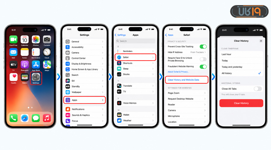 پاک کردن کش مرورگر Safari در آیفون؛ مسیر Settings و گزینه Clear History and Website Data
